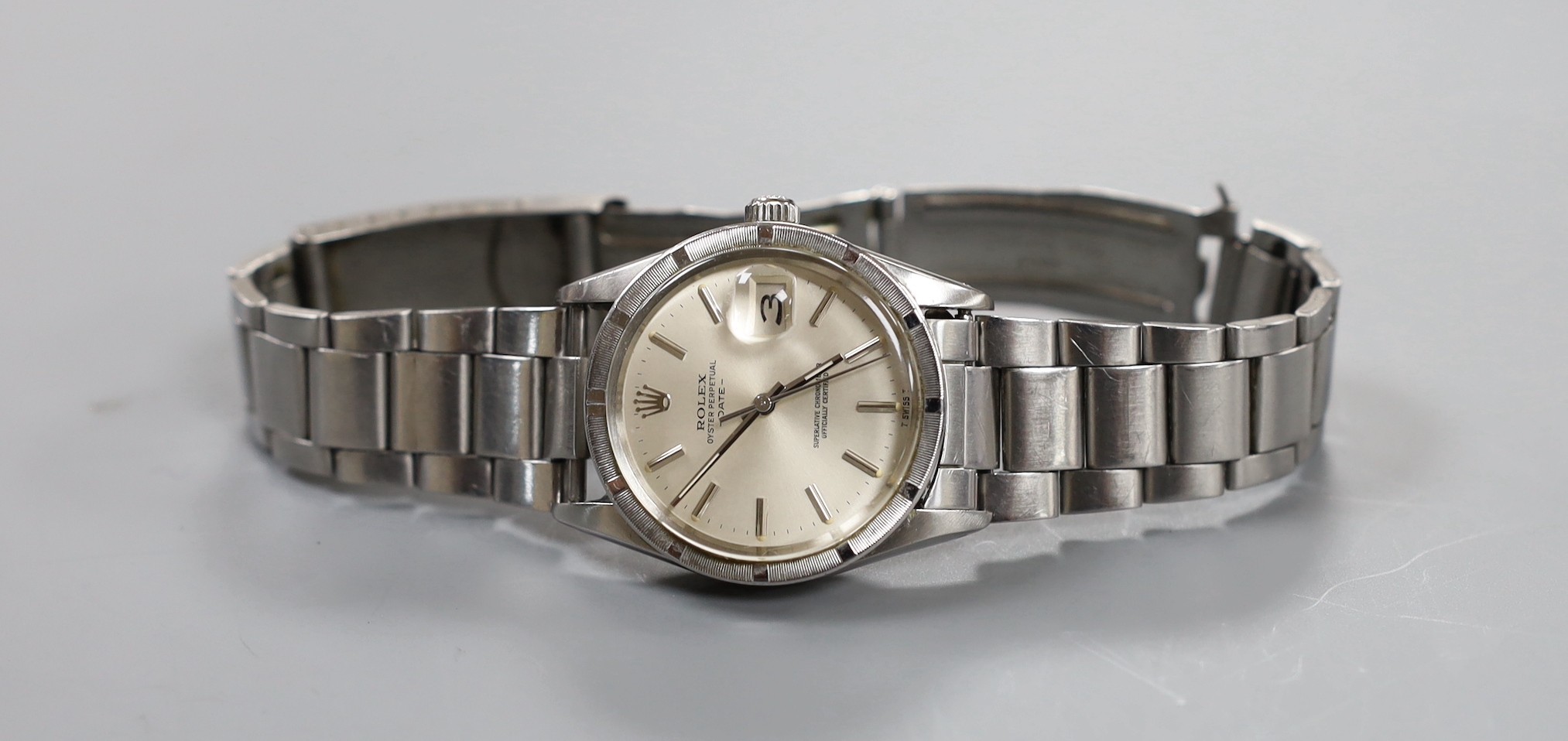 A gentleman's 1980's stainless steel Rolex Oyster Perpetual Date wrist watch, on an associated stainless steel bracelet, no box or papers